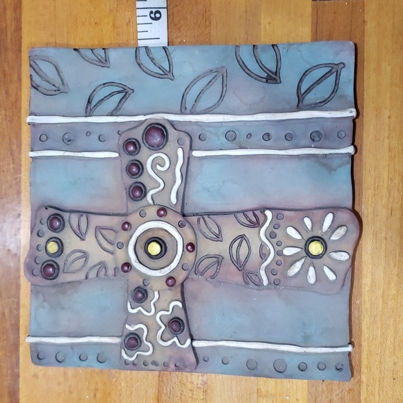 GANZ Wall Tile Art; Cross, Leaves & Daisies. Yellow/Brown/Greens EUC - Picture 6 of 8